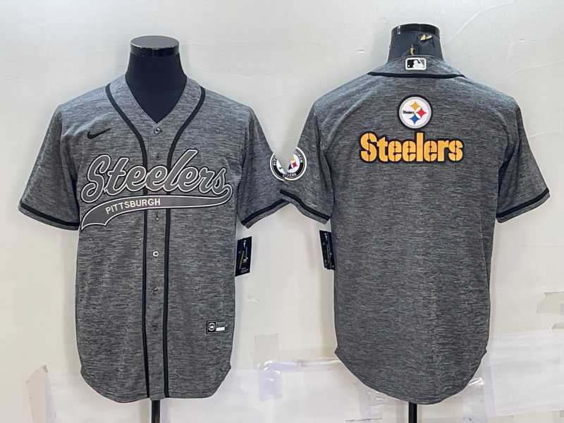 Men's Pittsburgh Steelers Grey Gridiron Team Big Logo Cool Base Stitched Baseball Jersey,We sell and wholesale Men's Pittsburgh Steelers Grey Gridiron Team Big Logo Cool Base Stitched Baseball Jersey on line form chian!